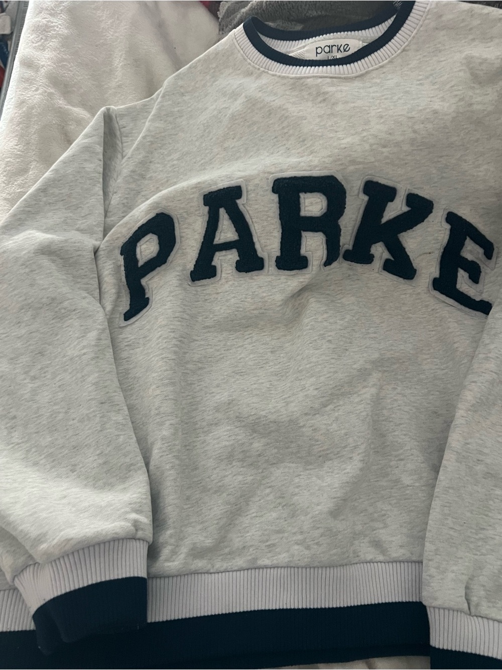 Parke Lt Gray Crewneck Sweatshirt with Navy Applique L/XL